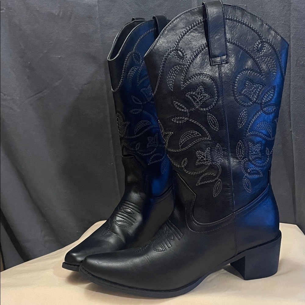 Black Embroidered Heeled Boots - Picture 3 of 8